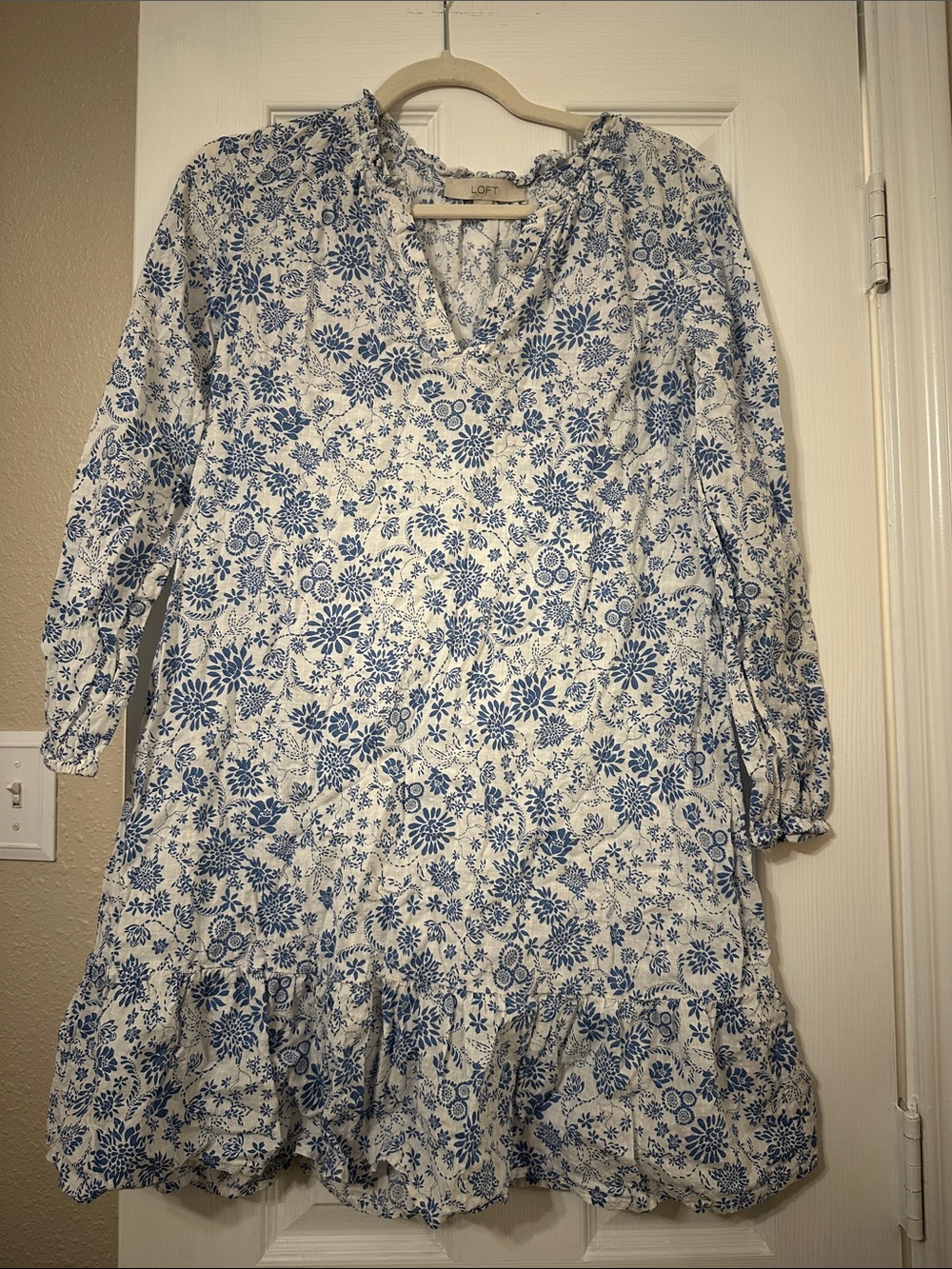 LOFT White Dress with Blue Floral Print